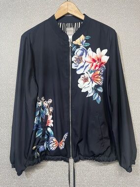 2 (L)/(12-14) Chico’s Reversible Floral/Stripe Bomber Zip Front Jacket NWOT
